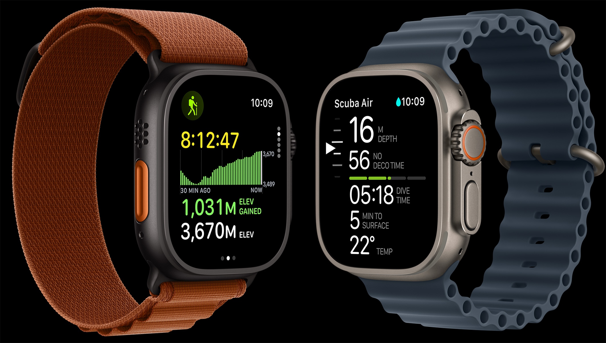 Apple Watch Ultra 3 устройства, титанови корпуси, черни и натурални цветове, карта на маршрута, метрики за гмуркане, каишки, Alpine Loop, цвят теракота, Ocean Band в цвят метално синьо