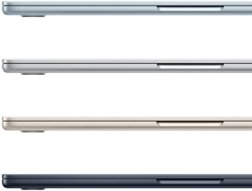 Странични екстериори на четири лаптопа MacBook Air, представящи четирите различни повърхности