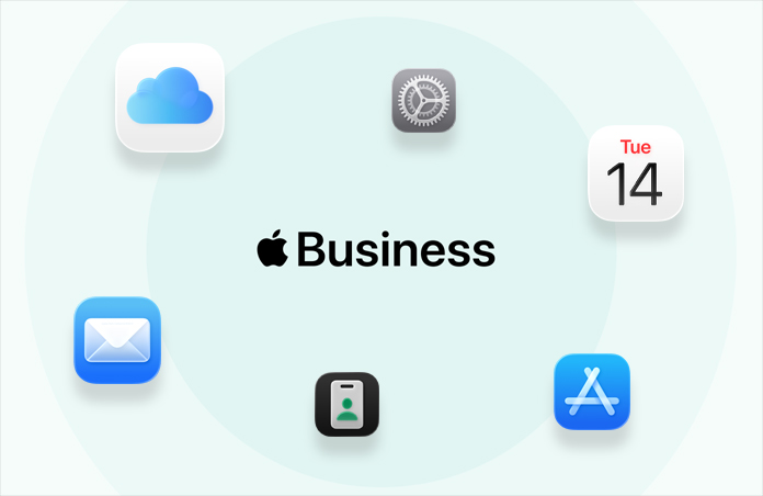 Apple Business, entouré d’icônes d’apps : iCloud, Plans, AppleCare, Mail, Calendrier, App Store, app Apple Business