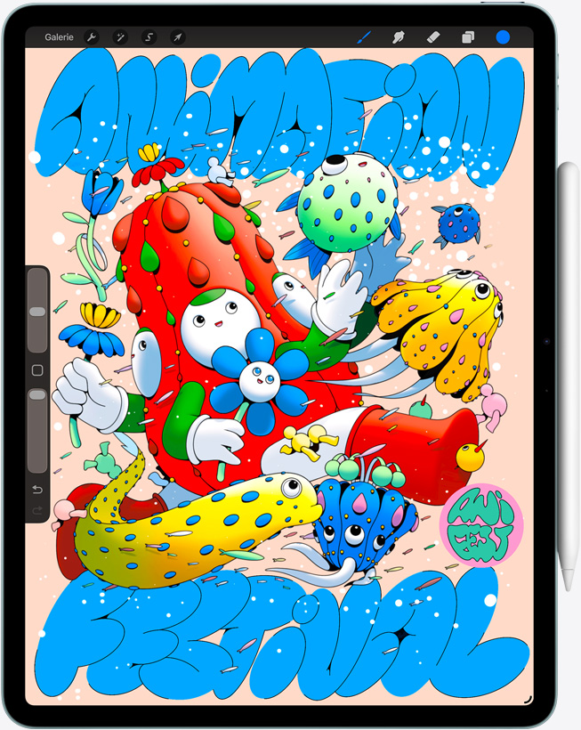 iPad Air, face avant, affichant l’app Procreate, illustration numérique colorée de divers personnages et objets, Apple Pencil Pro
