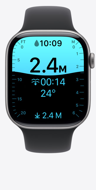 Apple Watch Series 11, aluminum case, rose gold colour, Depth app screen, dive at 8 feet