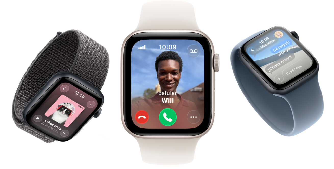 Dispositivos Apple Watch SE 3, caja de aluminio, colores medianoche y blanco estelar, correa loop deportiva, color gris oscuro, correa uniloop, color rosa rubor, correa uniloop, color azul ancla, pantallas: Apple Music, llamada entrante, Mensajes