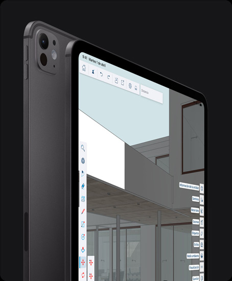 iPad Pro, parte trasera exterior, posición vertical, color negro espacial, sistema de cámara pro, botones de subir y bajar el volumen,  iPad Pro, parte delantera exterior, posición vertical, color negro espacial, bisel de pantalla negro, esquinas redondeadas, la pantalla muestra una app de diseño gráfico con herramientas y efectos abiertos en los menús izquierdo y derecho
