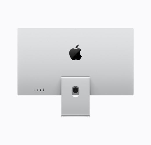 Studio Display Apple avec pied à inclinaison réglable, couleur argent, face arrière, logo Apple noir brillant centré