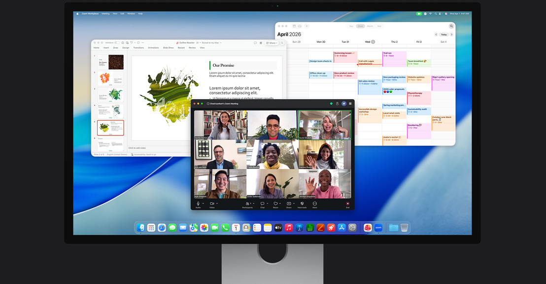 iMac met op het scherm een Zoom-videogesprek met meerdere deelnemers, een agenda en een presentatie op de achtergrond