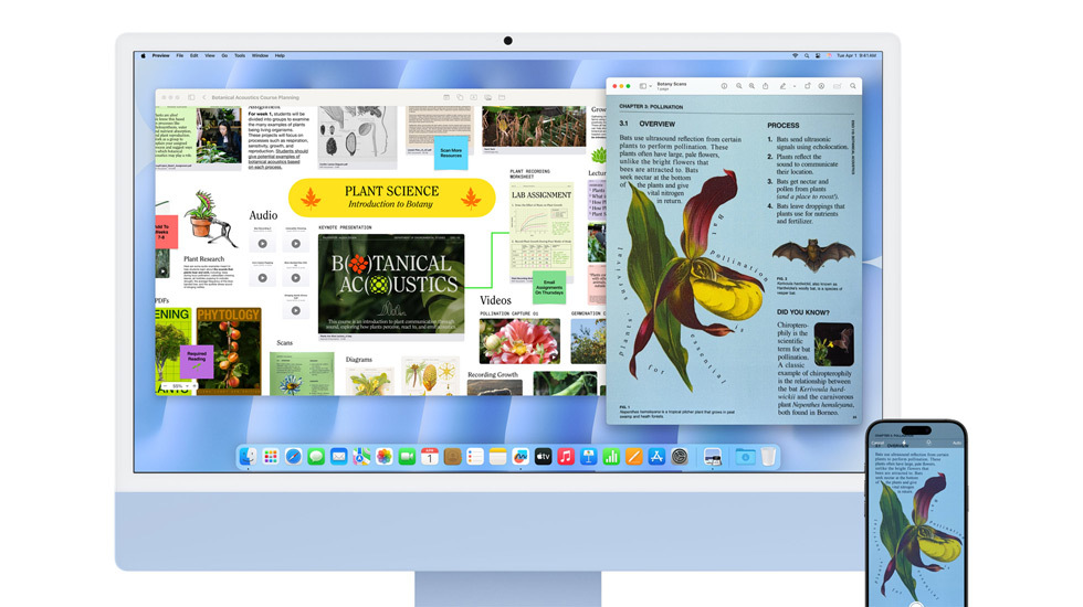 En iMac og en iPhone som viser fargerikt innhold.