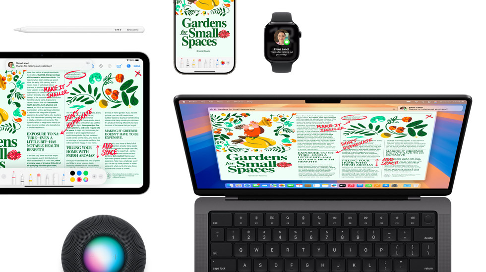 En rekke enheter, inkludert en iPad, iPhone, Apple Watch og Mac, vises med samme innhold på skjermen.