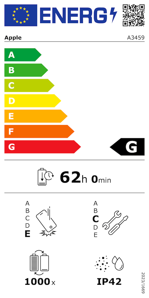 QR-kod för energimärkning och information (EU), Apple-modell A3459, klass G, klasser för energieffektivitet (skala från A till G), A (mest effektiv) till G (minst effektiv), batteritid per laddningscykel, 62 timmar och 0 minuter vid full laddning, tillförlitlighet vid upprepat fritt fall: klass E, A (mest robust) till E (minst robust), reparerbarhet: klass C, A (mest reparerbar) till E (minst reparerbar), batteriets livslängd i antal cykler: 1000, IP42-klassad damm- och vattentålighet, förordning 2023/1669