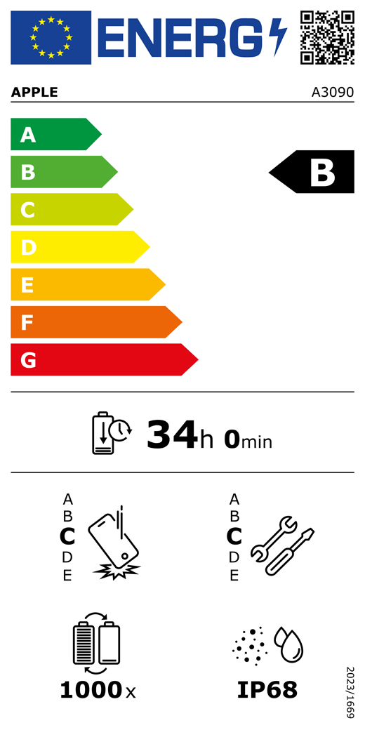 Etichetta energetica UE, codice QR e informazioni, modello Apple A3090, classe B, classi di efficienza energetica (con una scala da A a G), da A (efficienza massima) a G (efficienza minima), l’autonomia della batteria per ciclo è 34 ore e 0 minuti per ogni carica completa, la classe di affidabilità in caso di caduta libera ripetuta è C, da A (robustezza massima) a E (robustezza minima), la classe di riparabilità è C, da A (riparabilità massima) a E (riparabilità minima), la durata della batteria in cicli è 1000, il grado di protezione dall’ingresso di polvere e acqua (IP) è IP68, regolamento 2023/1669.