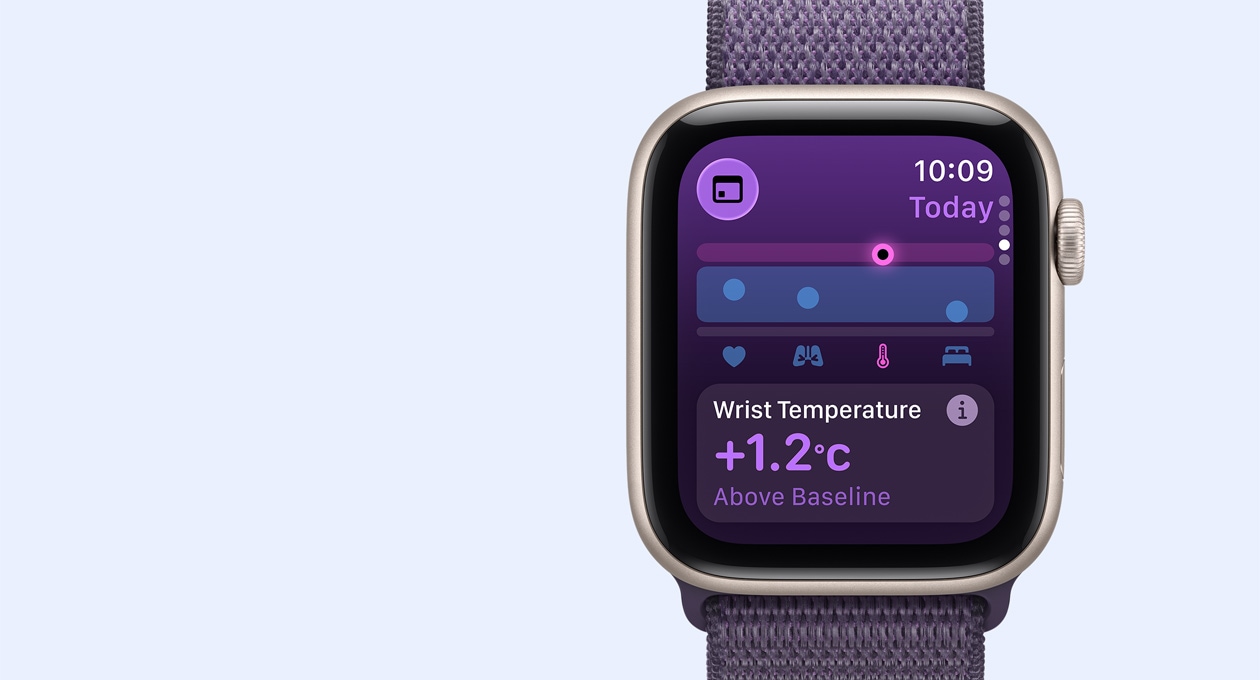 Apple Watch SE 3, κάσα από αλουμίνιο, χρώμα αστροφεγγιά, μετρήσεις θερμοκρασίας καρπού, εξωτερική δεξιά πλαϊνή όψη, Digital Crown, λουράκι Sport Loop, χρώμα μωβ της ομίχλης