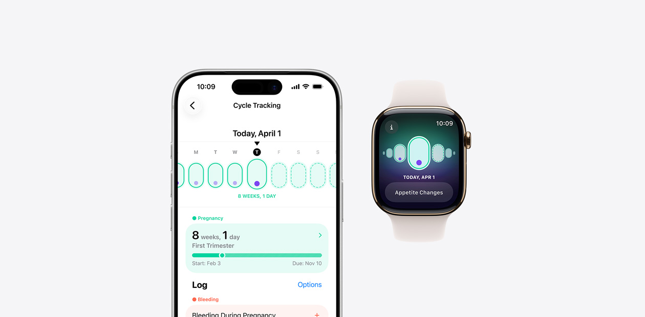 iPhone 和 Apple Watch 上展示經期追蹤軟件。