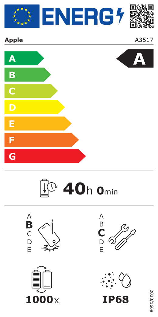 Európai uniós energiacímke QR-kóddal és információkkal. Az A3517-es Apple-modell A osztályú az energiahatékonysági osztályok A-tól (leghatékonyabb) G-ig (legkevésbé hatékony) terjedő skáláján. Az akkumulátor ciklusonkénti tartóssága 40 óra és 0 perc (teljesen feltöltött akkumulátorról). A termék B osztályú az ismételt leejtés elleni védelem A-tól (legellenállóbb) E-ig (legkevésbé ellenálló) terjedő skáláján és C osztályú a javíthatóság A-tól (leginkább javítható) E-ig (legkevésbé javítható) terjedő skáláján. Az akkumulátor tartóssága 1000 ciklus. IP68-as por- és vízállósági besorolás, 2023/1669-es rendelet.