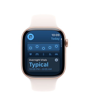 Apple Watch Series 10 fehér sportszíjjal, a kijelzőjén a Vitális jelek és a Csuklóhőmérséklet jelenik meg, mellette egy másik Apple Watch Series 10 látható fekete sportszíjjal, a kijelzőjén a Vitális jelek, a Csuklóhőmérséklet, a Pulzus­szám és az Elemzés jelenik meg