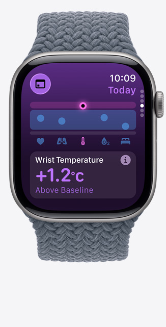 Apple Watch Series 11 palaszürke titántokkal, Vitális jelek app, egészséggel kapcsolatos pontszámokat ábrázoló diagram, értesítés a viszonyítási alaphoz képest magasabb csuklóhőmérsékletről, jobb oldali nézet, Digital Crown, acélkék fonott körpánt