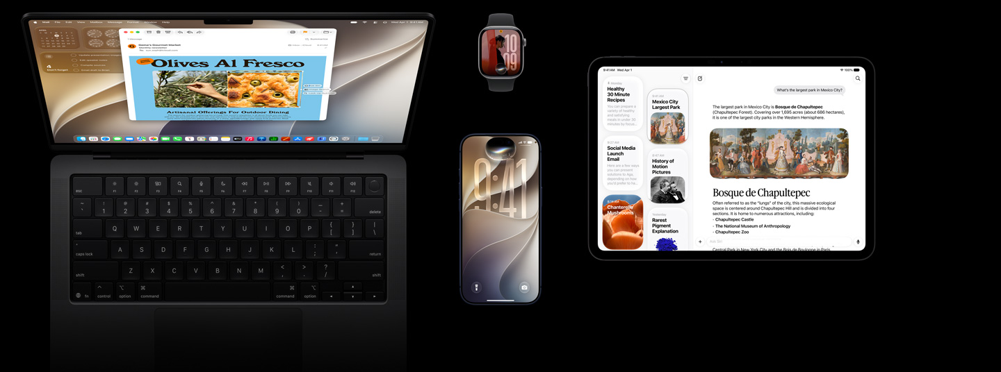 Animasi WWDC26 iOS, konten Siri AI dan Apple Intelligence ditampilkan di MacBook Pro 14 inci M5, iPhone 17 Pro, Apple Watch Series 11, dan iPad Pro 11.