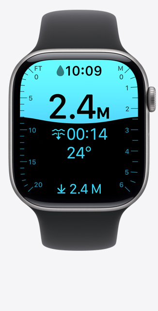 スペースグレイアルミニウムケースのApple Watch Series 11。水深アプリの画面、ダイビングの水深2.4メートルと示されている