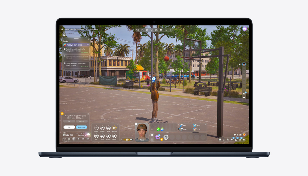 M5 칩 성능을 보여주기 위해 플레이 중인 게임을 띄운 MacBook Air 화면