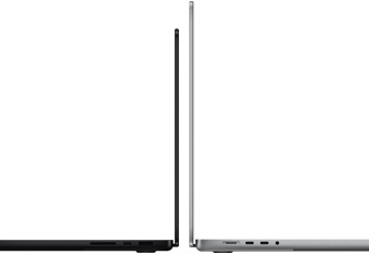14 un 16 collu MacBook Pro līdzās, parādot izmēru atšķirību un uzsverot to, cik plānas ir ierīces