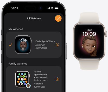 iPhone 17, Watch app, paired Apple Watch SE 3, aluminum case, starlight color, Memoji face, starlight Sport Band