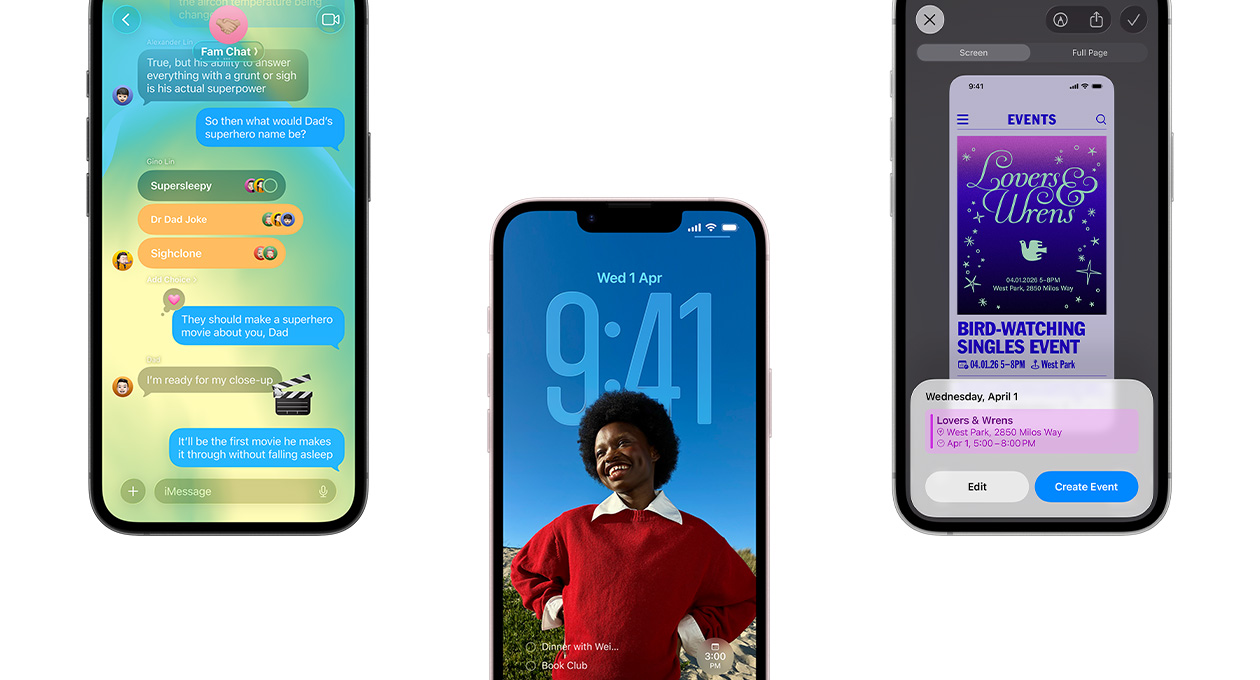 Three iPhone 17e devices, front exterior, showing Messages app with Liquid Glass design, dynamic Lock Screen and screenshot feature with Calendar event in use