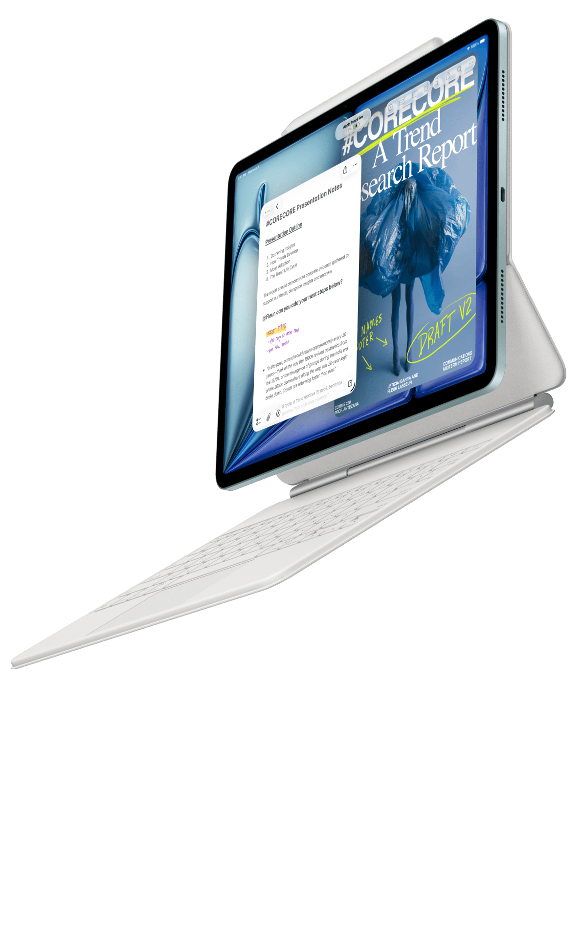 iPad Air przyłączony do klawiatury Magic Keyboard do iPada Air i do Apple Pencil Pro