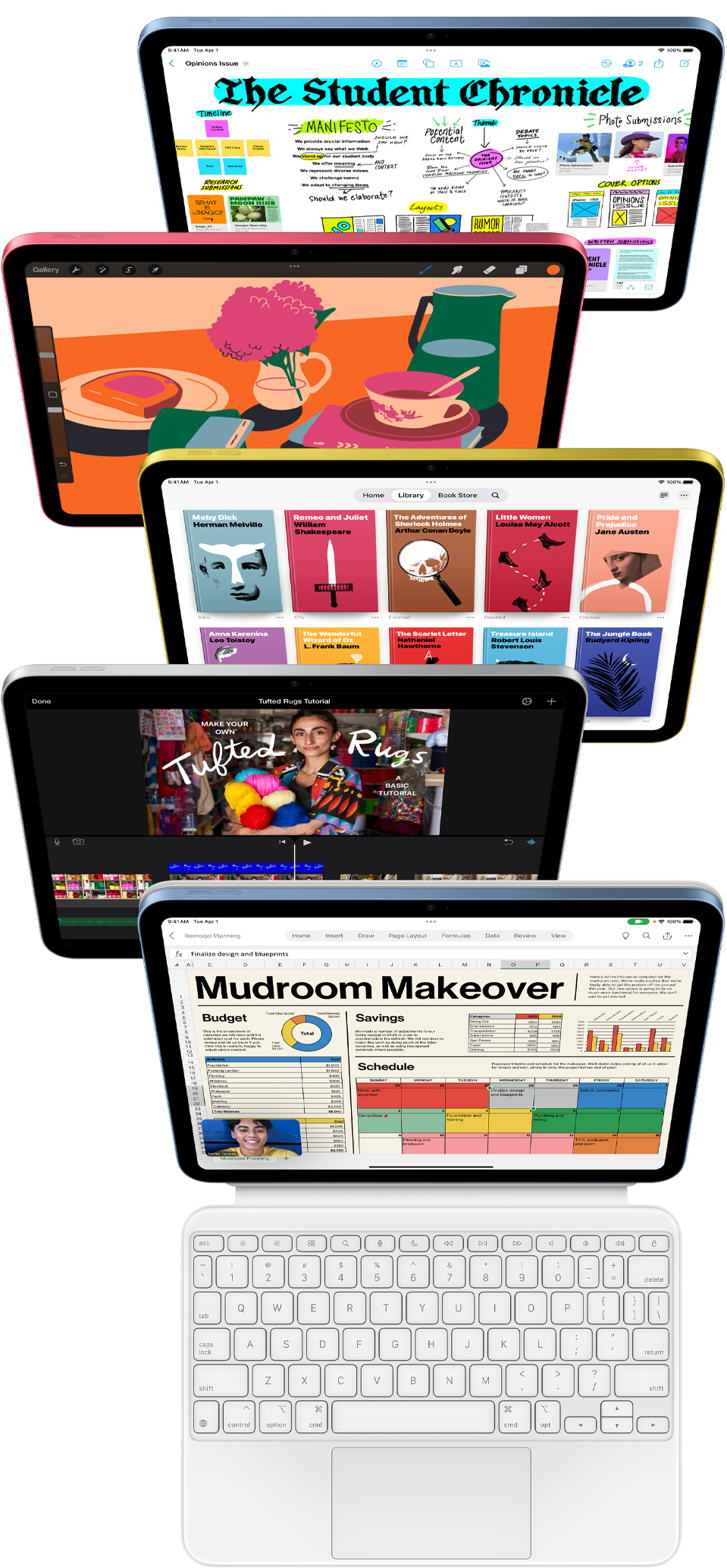 Ecranele iPad frontale afișează o varietate de aplicații, printre care Freeform, ProCreate, Apple Books, iMovie și Excel cu Webex Meetings.