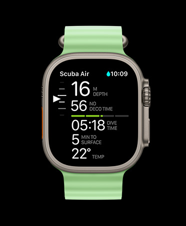 Apple Watch Ultra 3, natural colour, titanium case, Oceanic+ dive metrics: depth, deco time, dive time, minutes to surface, water temperature, Ocean Band, neon green colour