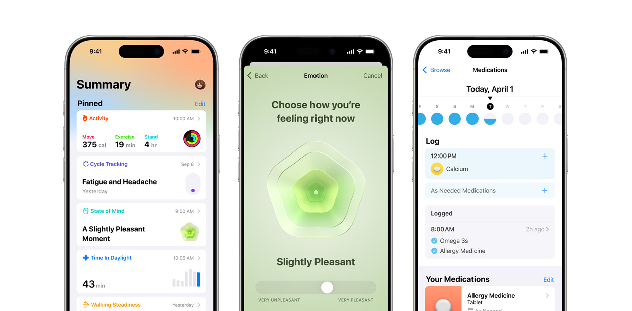 Three iPhones displaying the Apple Health app.