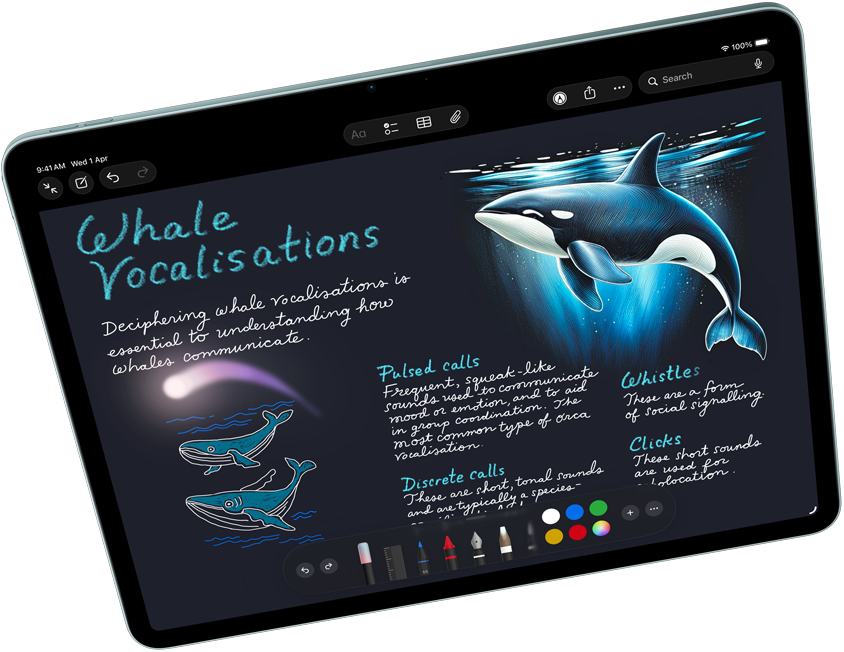 Landscape view of iPad Air showcasing Apple Intelligence with Image Wand in Notes, Apple Pencil Pro