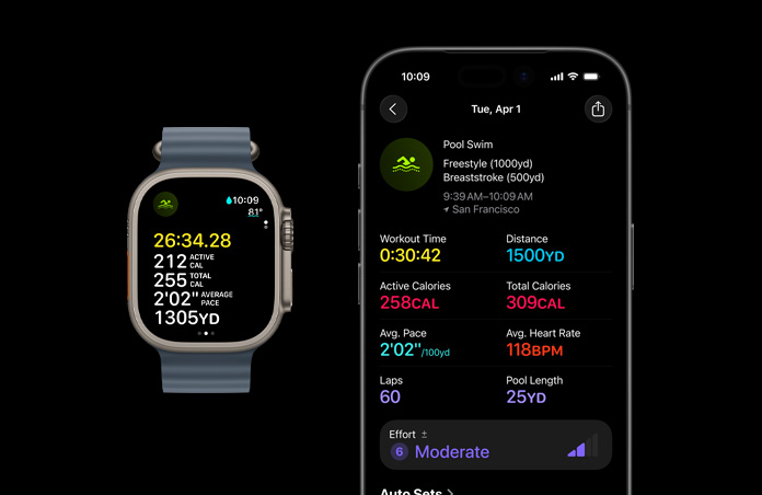 Apple Watch Ultra 3 com caixa em titânio natural, Bracelete Ocean azul-âncora, treino de Natação ativo, métricas de treino detalhadas em destaque no iPhone