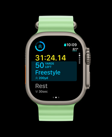 Apple Watch Ultra 3 com caixa em titânio natural, app Treino com treino personalizado e vista Seguintes, Bracelete Ocean verde‑néon