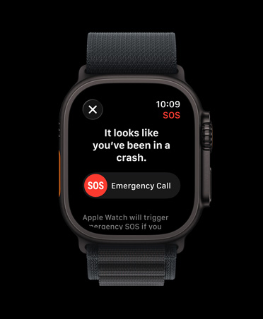 Apple Watch Ultra 3 com caixa em titânio preto, notificação de Deteção de acidente, aviso de chamada de emergência, Loop Alpine preta