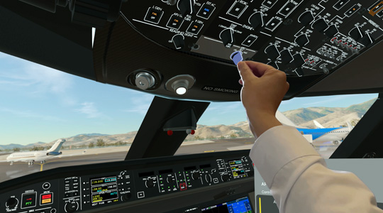 A person's hand ajusts a control knob in a 3D projection of a plane's cockpit