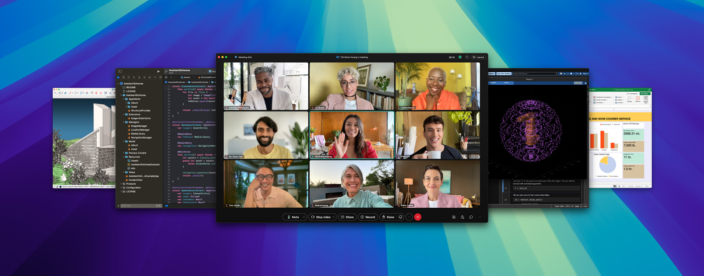 Flere appskjermer vises, inkludert et virtuelt møte i Zoom.