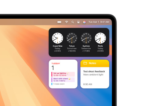 Ulike widgeter på et Mac-skrivebord, inkludert Klokke, Kalender, Notater og Været.