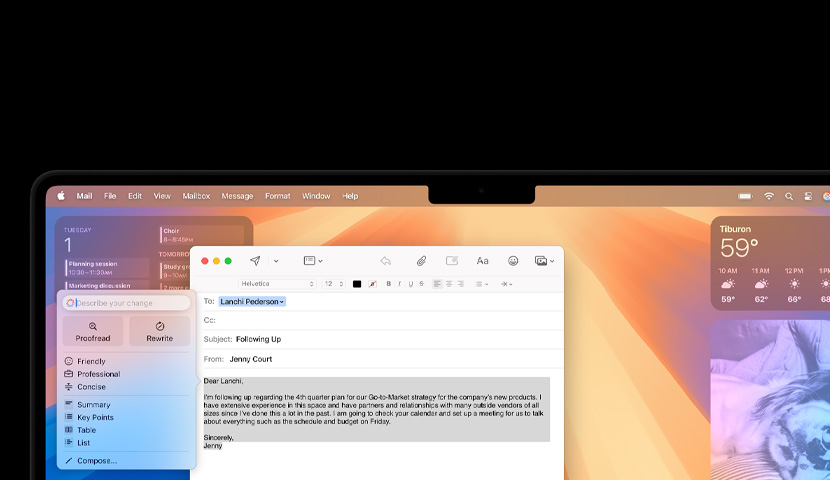 En e-post på skrivebordet på en Mac som viser et forslag fra Apple Intelligence. Kalender-widgeten vises bak e-postvinduet.