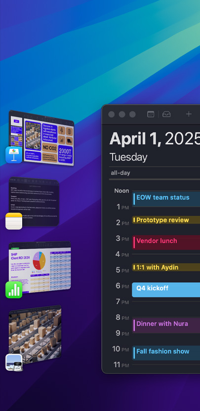 Verschiedene iOS Apps werden auf einem Schreibtisch mit Stage Manager angezeigt, die Kalender App mit einem Zeitplan ist groß hervorgehoben.