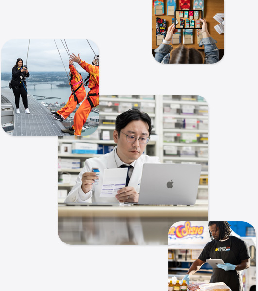 Ulike små bedrifter, inkludert en farmasøyt i labfrakk som bruker en MacBook, en instruktør for strikkhopping som bruker en iPhone til å ta bilder av to personer som skal hoppe, en mann som holder en iPad mens han ser på matvarer, en dame bruker en iPad til å ta bilder av sokker utstilt på et bord.