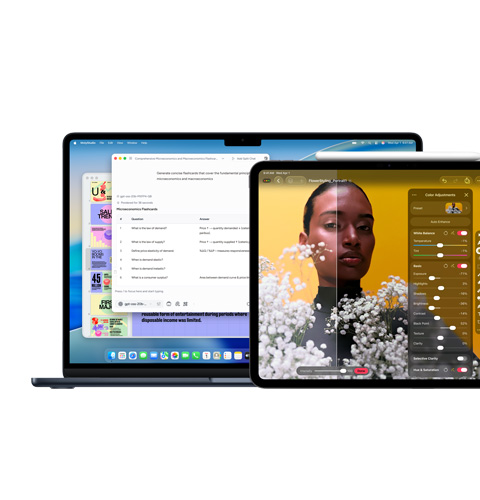 Macの画面にApple Intelligence、iPadの画面にPixelmator Proが表示されている