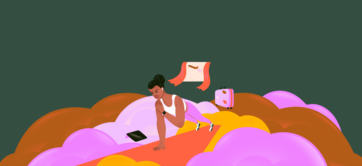 Illustration, a woman in athletic clothing doing push-ups on pink, yellow, and orange clouds, an iPad sits next to her, a suitcase behind her, a window in the background shows an airplane flying