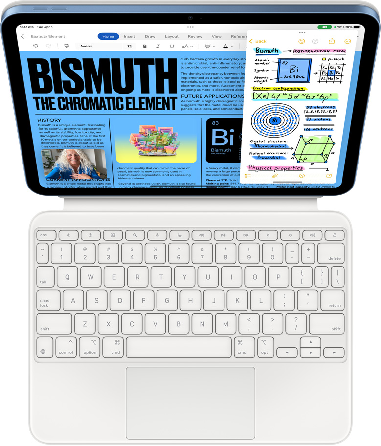 iPad fixé à un Magic Keyboard Folio, écran affichant Slide Over avec les apps Microsoft Word et Notes, appel FaceTime en parallèle.