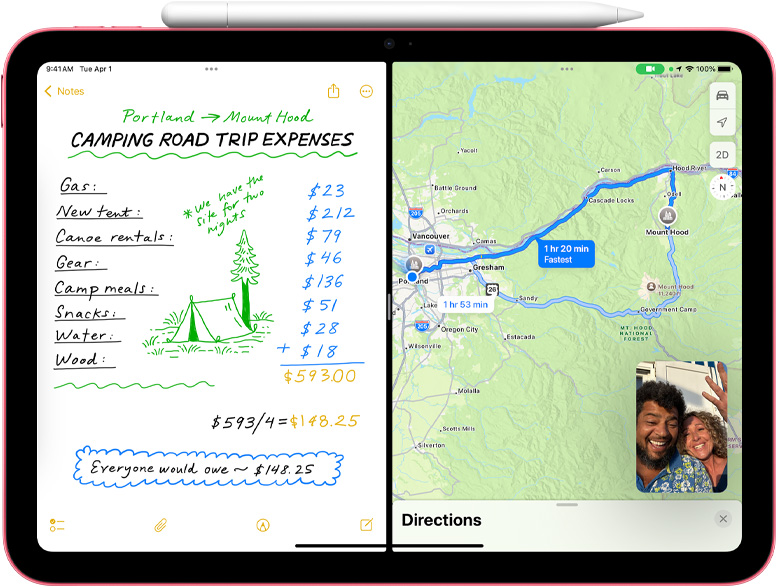 Notes mathématiques dans Plans avec un appel FaceTime affiché en mode Image dans l’image sur un iPad.