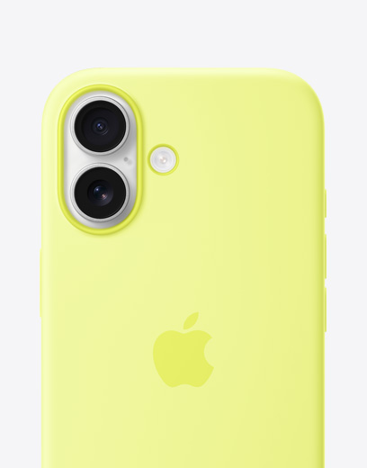 iPhone 17, Rückseite mit Silikon Case in Gelb, Dual Fusion Kamera-System oben links, Apple Logo mittig