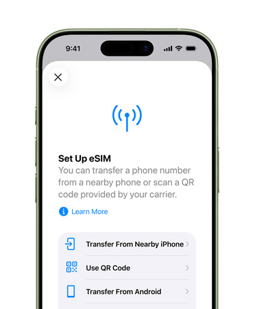 iPhone 17, voorkant, waarop een telefoonnummer met eSIM eenvoudig wordt overgezet via de feature ‘Configureer mobiel netwerk’