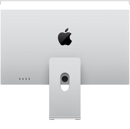 Vue arrière du Studio Display avec support à inclinaison et hauteur réglables, indiquant la largeur